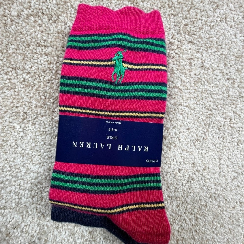 Ralph Lauren Girls 2 Pack Crew Socks Navy Pink Striped Size 8-9.5 Shoe 13-3 NEW